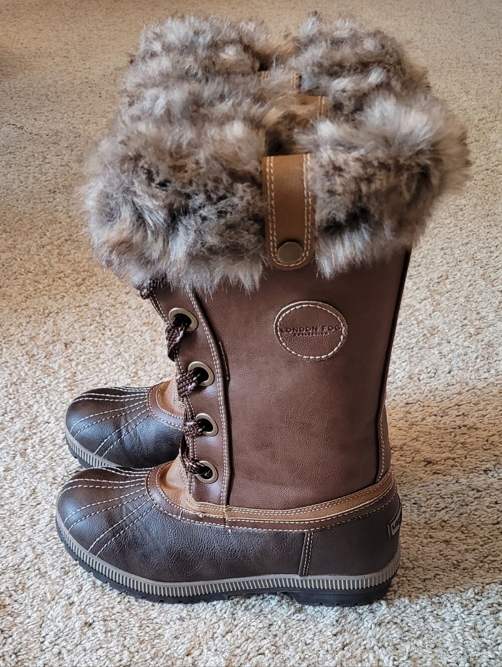 London Fog Melton 2 Rain/snow Boot  Like New Condition Brown, Tan & Faux Fur 9
